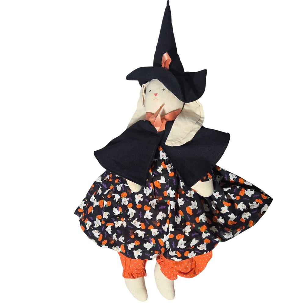 Primitive Halloween Witch Bunny Cloth Doll Ghost Pumpkin Print Folk Art Decor